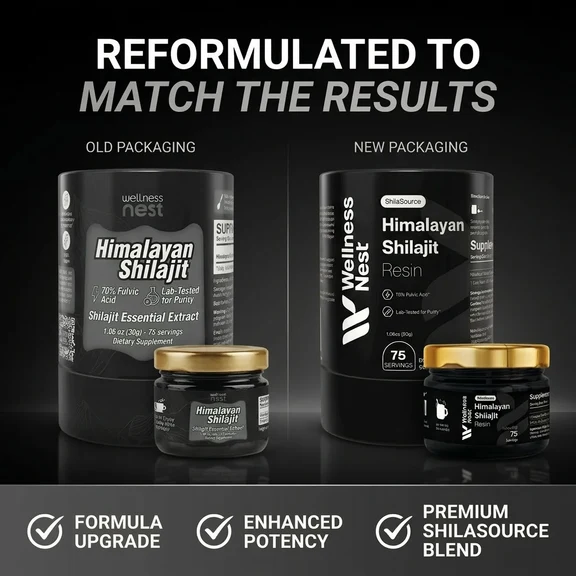 Comparaison ancien et nouveau packaging Wellness Nest Shilajit - Reformulé pour maximiser les résultats avec formule améliorée, puissance renforcée et mélange premium ShilaSource