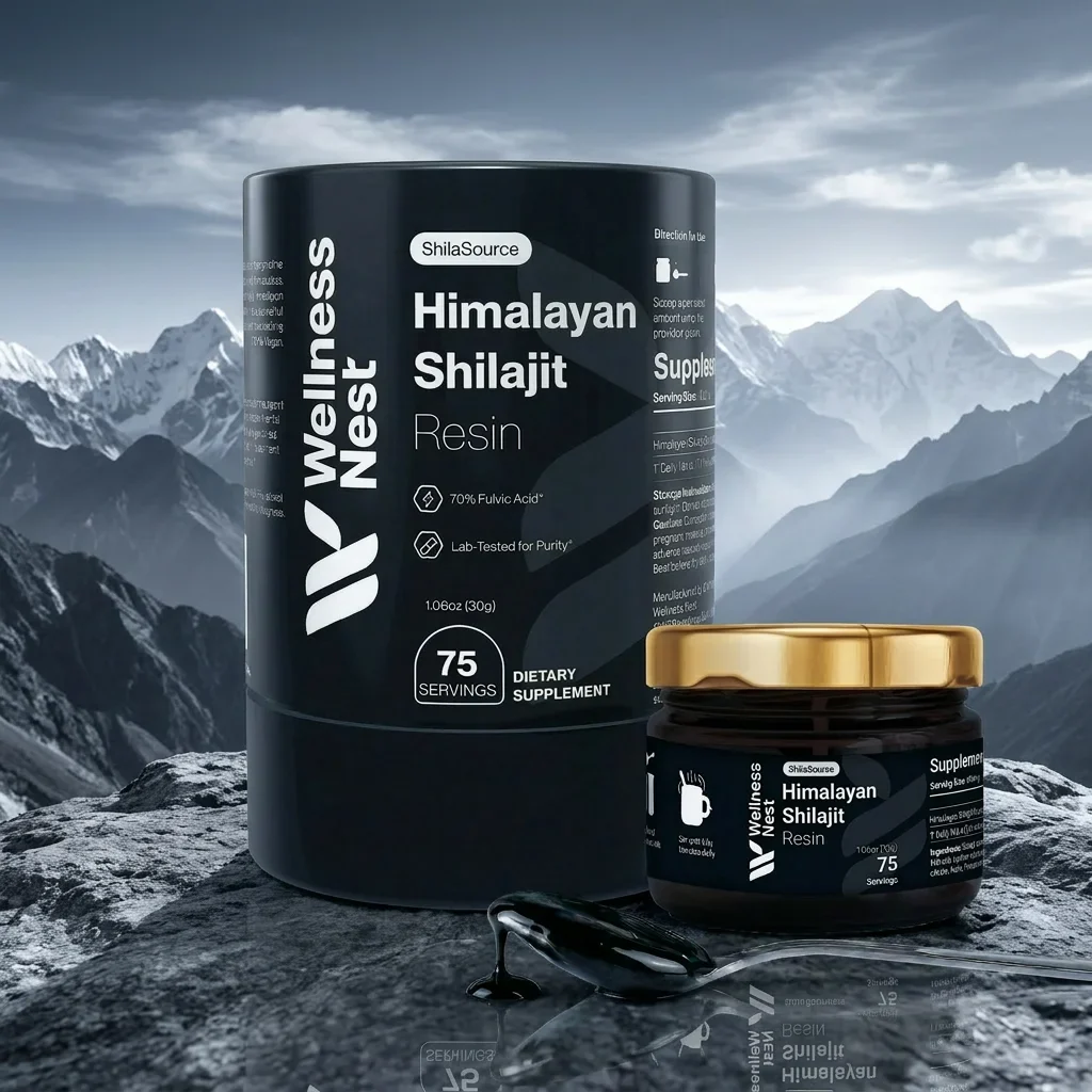 Wellness Nest Himalayan Shilajit Resin ShilaSource - Pot et hũ de résine avec montagnes de l'Himalaya en arrière-plan